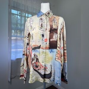 Vintage ‘90s Michael Leu 100% Silk Venetian Gondola Print Long Sleeve Blouse